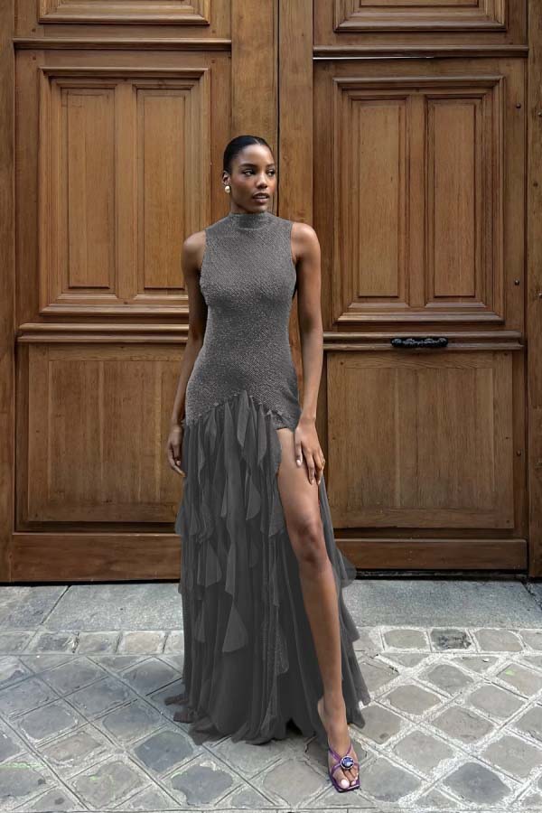 High Neck Sleeveless Long Mermaid Prom Dress With Split Ruffles