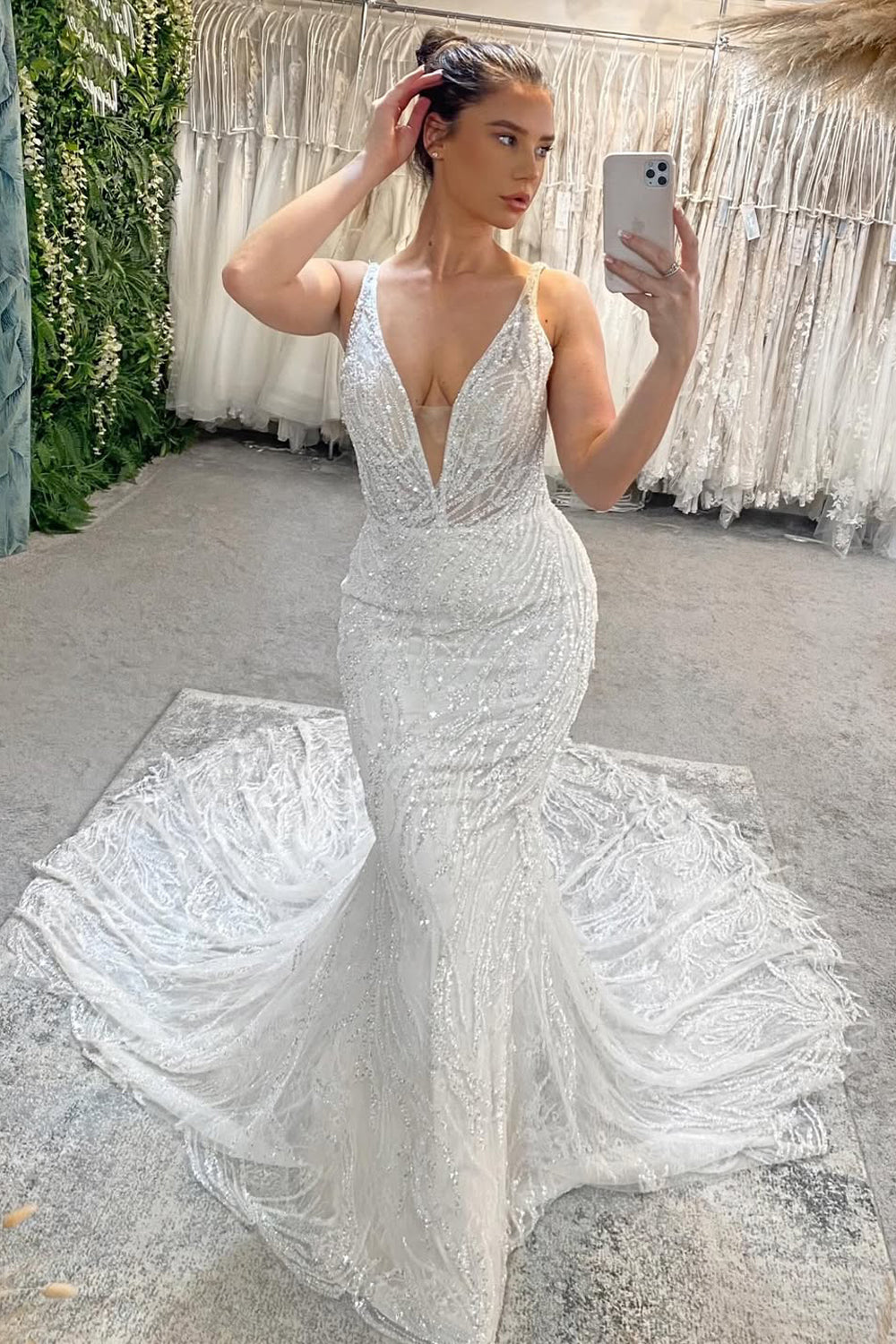 Gorgeous Mermaid V Neck Sequins Lace Long Wedding Dress