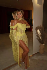 Yellow Off-the-Shoulder Strapless High Split Prom Dress Lace With Gloves