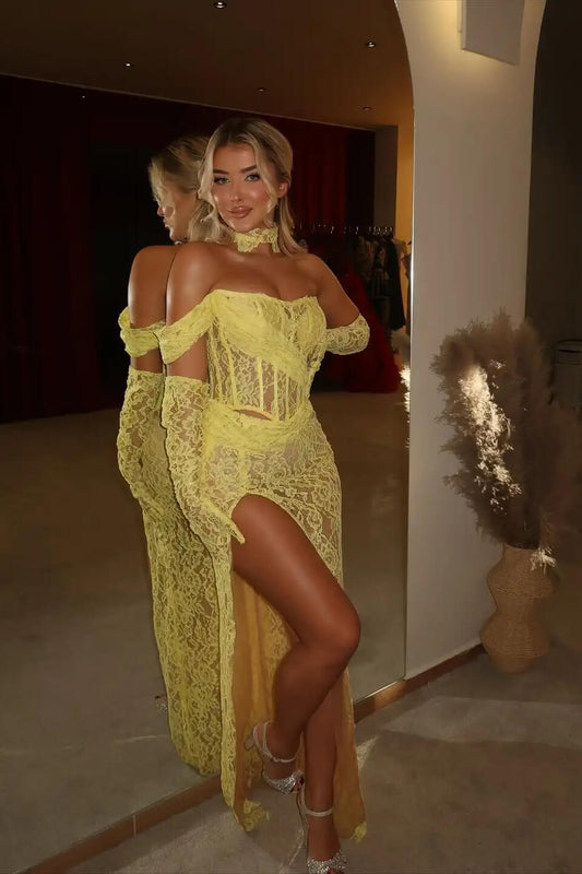 Yellow Off-the-Shoulder Strapless High Split Prom Dress Lace With Gloves