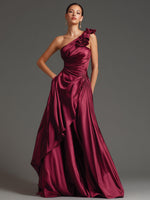 Burgundy One-Shoulder Floral Draped Couture Evening Dress