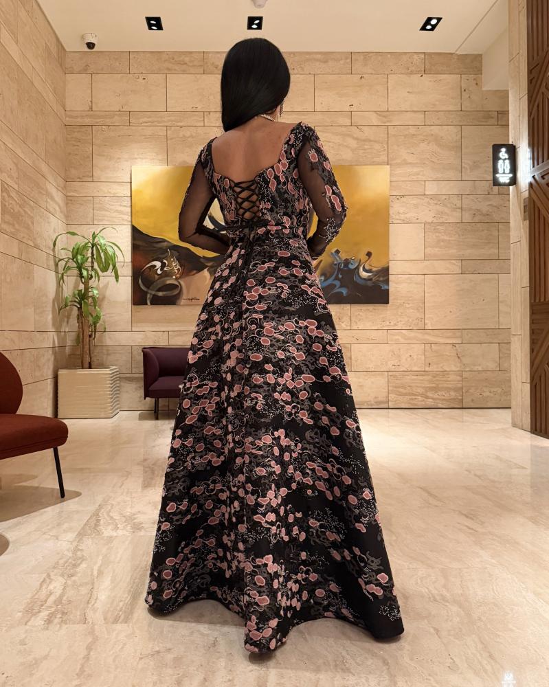 Black Flowers Appliqie Square Neck Lace Long Sleeve A-Line Evening Dress