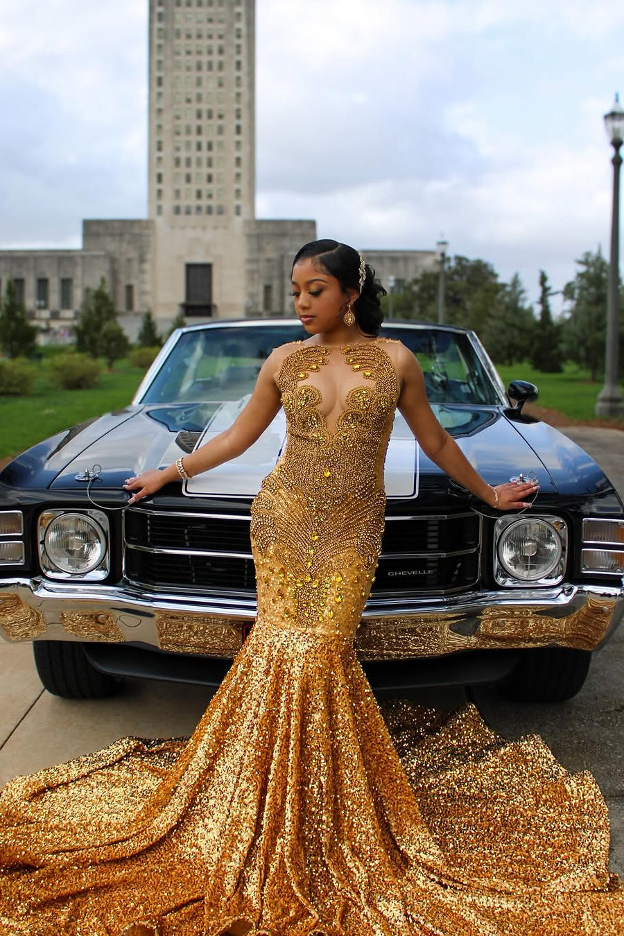 Modern Gold Sleeveless Sequins Mermaid Prom Dress Long With Crystals On Sale