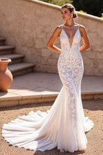 V-Neck Sleeveless Open Back Mermaid Tulle Lace Wedding Dress With Spaghetti-Straps