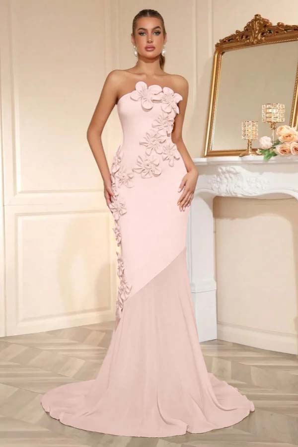 Candy Pink Strapless Sleeveless Long Mermaid Prom Dress With Flower Appliqués