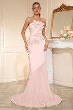 Candy Pink Strapless Sleeveless Long Mermaid Prom Dress With Flower Appliqués