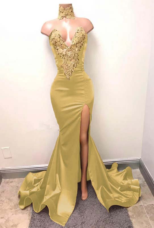 Hidais Mermaid Burgundy Deep V Neck Sleeveless Prom Dress Split With Lace Appliques