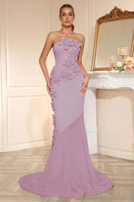 Candy Pink Strapless Sleeveless Long Mermaid Prom Dress With Flower Appliqués