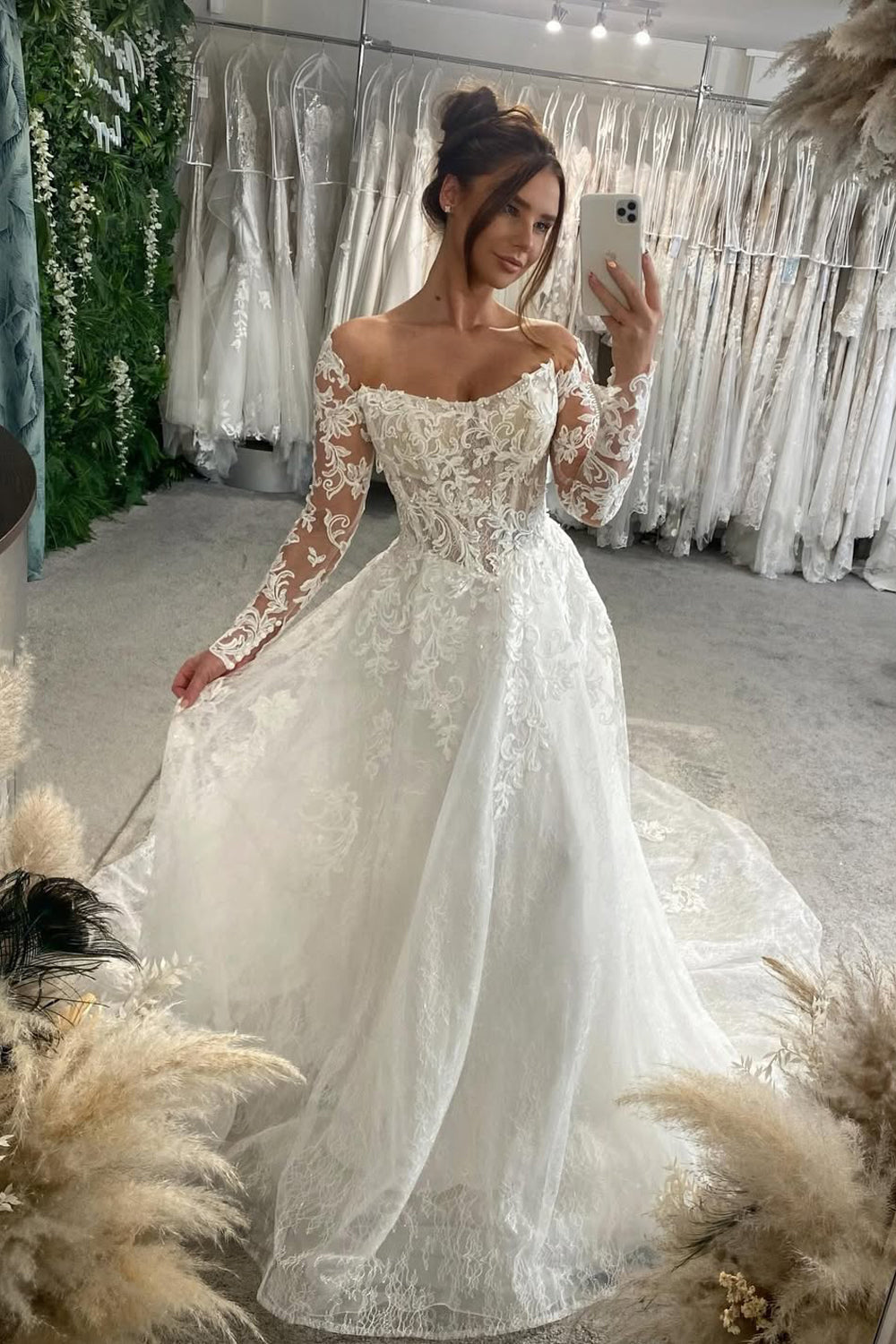 Elegant A Line Off the Shoulder Lace Tulle Wedding Dress with Long Sleeves