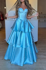 A-Line Strapless Light Blue Ruffle Tiered Long Prom Dresses with Bowknot