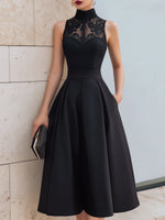High-Neck Lace Bodice A-Line Midi Dress