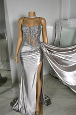 Silver Spaghetti-Straps Sleeveless Mermaid Prom Dress Split Long With Ruffles Appliques