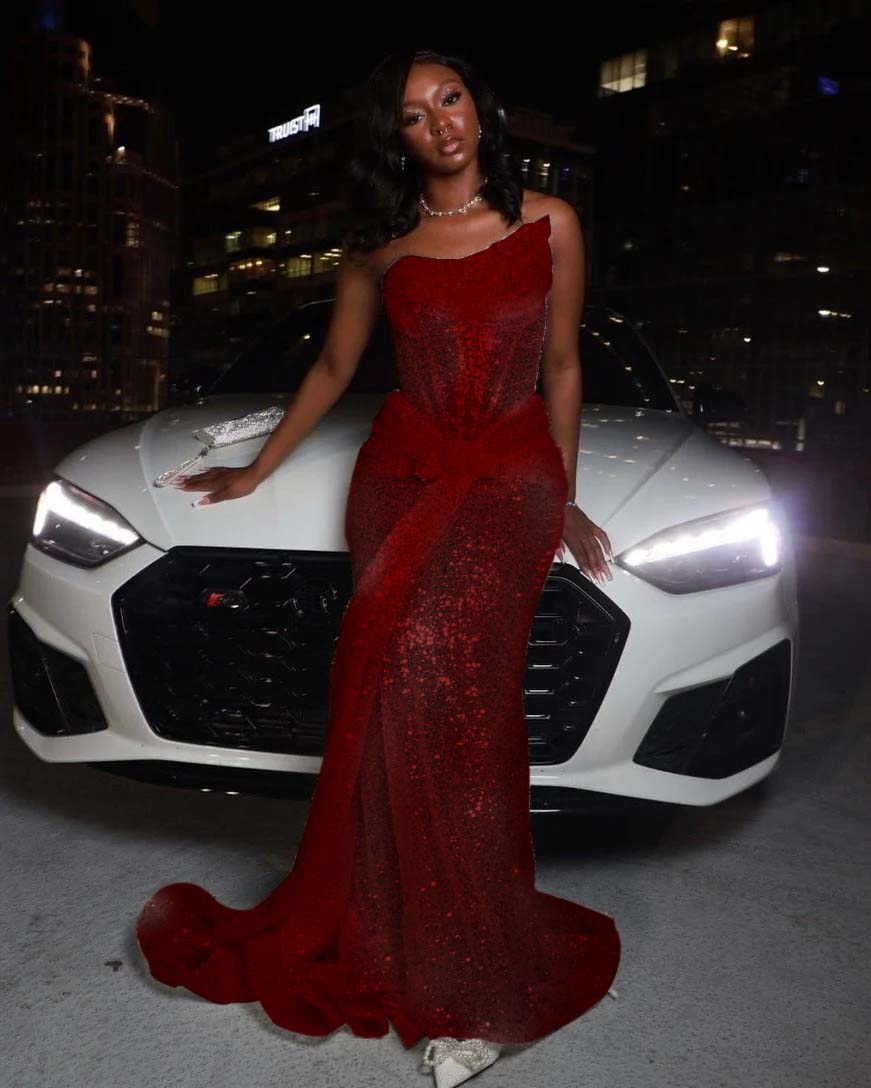 Hidais Tulle Asymmetric Strapless Sleeveless Long Pleated Mermaid Prom Dress With Sequins And Ruffles