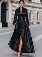 Satin A-Line Evening Gowns Shirt Maxi Dress With Bow Waist