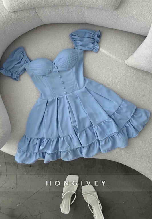 A-Line Short Sleeves Ruched Pleated Sweetheart Short Homecoming Dress