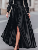 Satin A-Line Evening Gowns Shirt Maxi Dress With Bow Waist