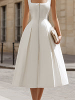 Square Neck Zip-Front Fit-and-Flare Midi Dress