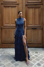 High Neck Sleeveless Long Mermaid Prom Dress With Split Ruffles