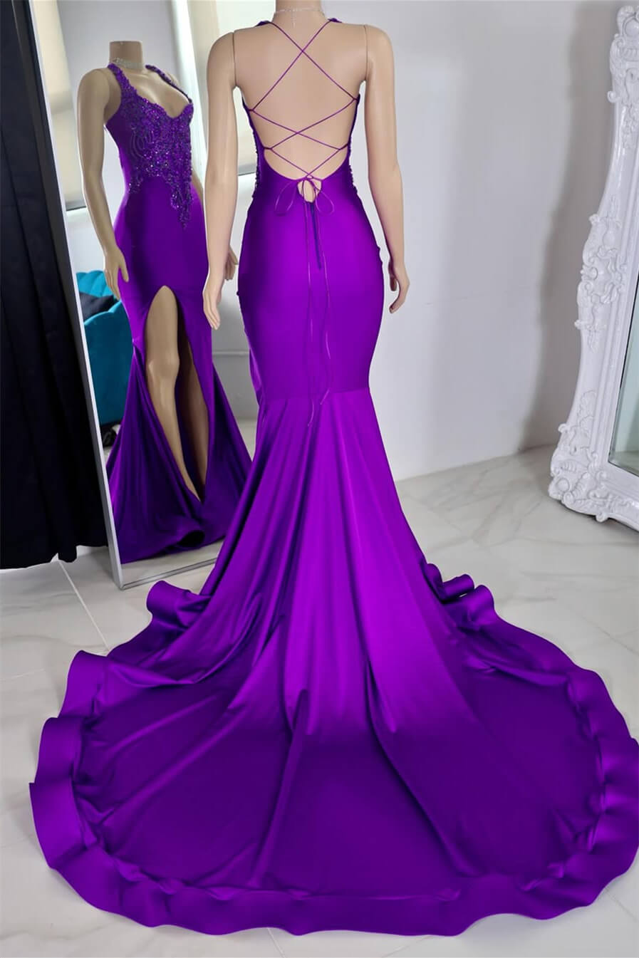 Purple Halter Sleeveless Mermaid Prom Dresses Split With Beadings Lace-up Back