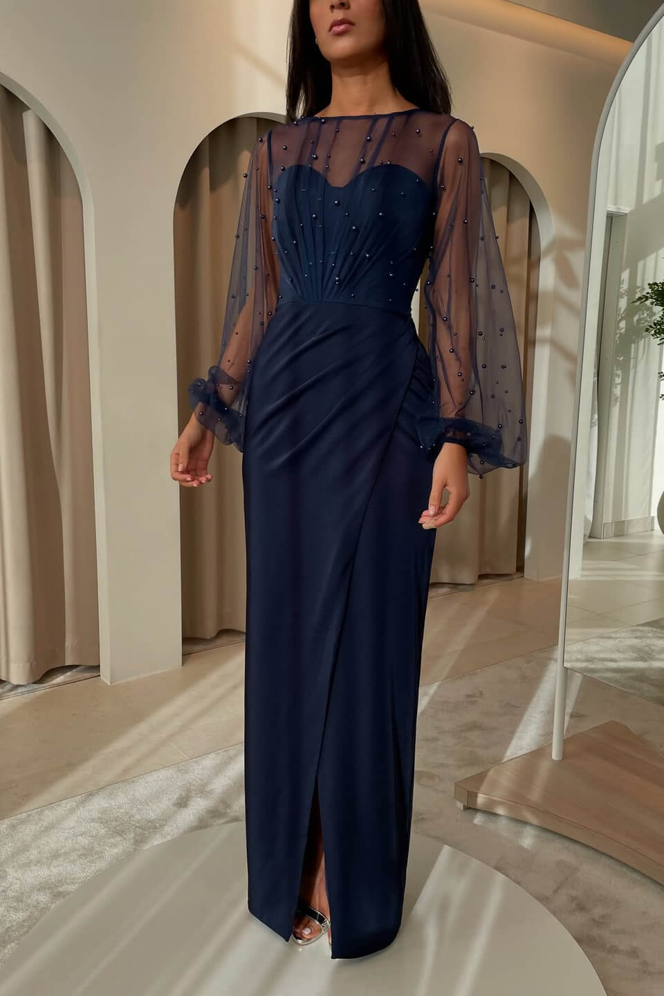 Dark Navy Long Sleeves Sheath Prom Dress Split With Pearls
