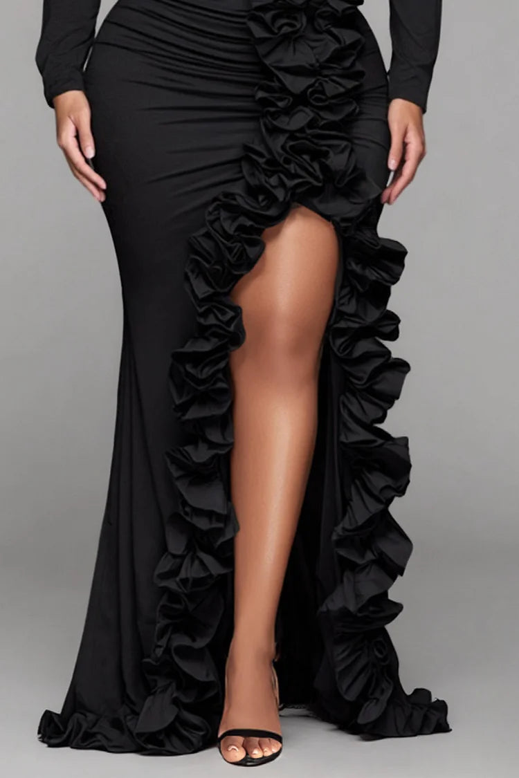 Plus Size Formal Black Round Neck Long Sleeve Split Elegant Ruffle 3D Satin Maxi Dresses