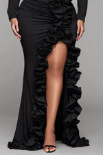 Plus Size Formal Black Round Neck Long Sleeve Split Elegant Ruffle 3D Satin Maxi Dresses