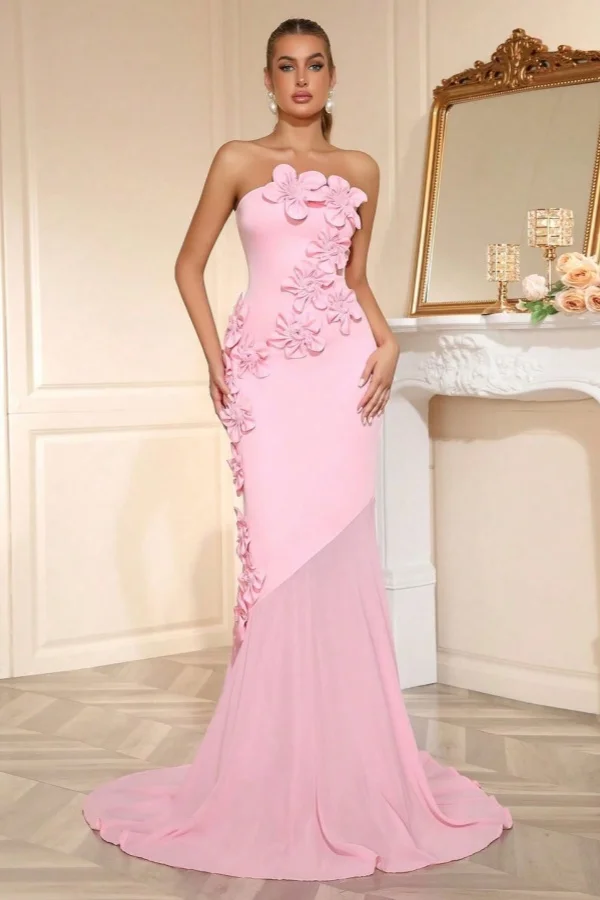 Candy Pink Strapless Sleeveless Long Mermaid Prom Dress With Flower Appliqués