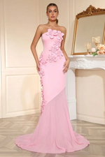 Candy Pink Strapless Sleeveless Long Mermaid Prom Dress With Flower Appliqués