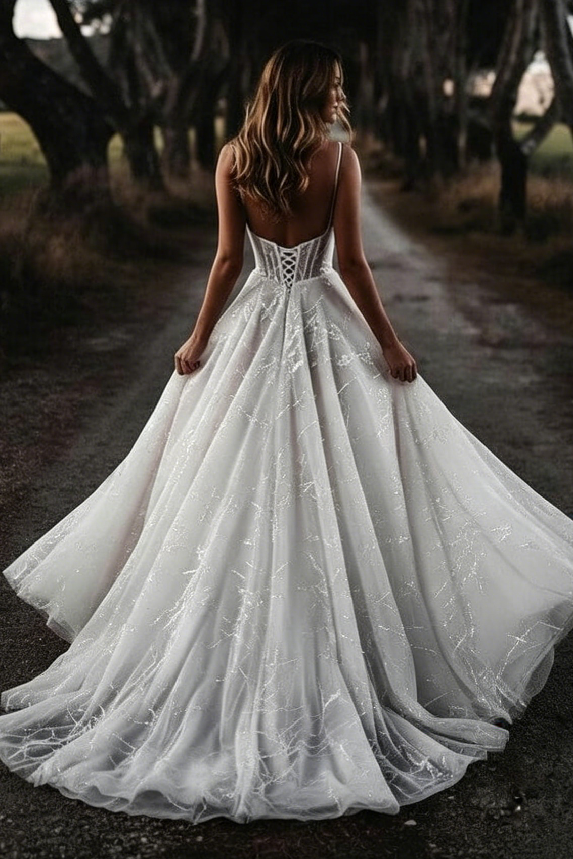 Spaghetti Strap Sleeveless Sparkle A-Line Wedding Dress