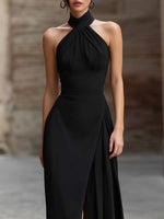 Cross-Halter Draped Front Slit Maxi Dress