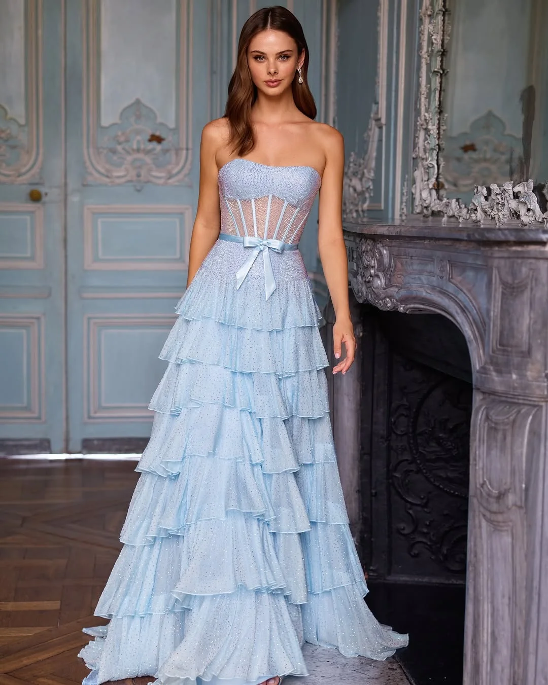 Chiffon Strapless Sleeveless Long A-Line Prom Dress With Ruffles And Rhinstone