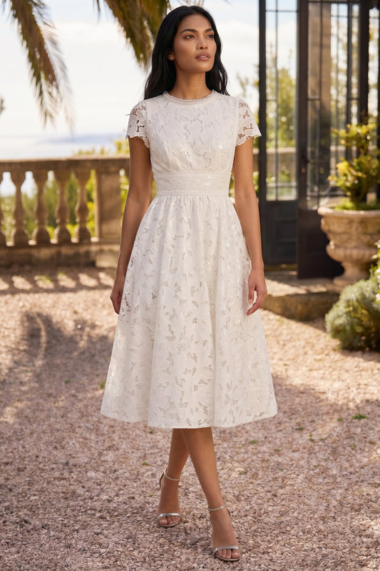 Simple Lace Half Sleeve A-Line Tea-Length Wedding Dress