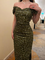 Green Sequins Sparkle Off the Shoulder Sleeveless Mermaid Side Evening Dress Ankle-Length