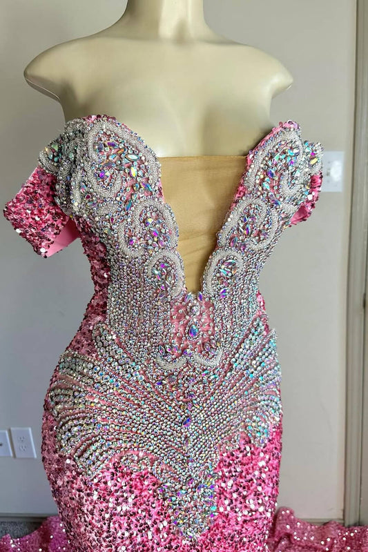 Gorgeous Pink Off-the-Shoulder Sequins Prom Dress Mermaid V-Neck With Beadings