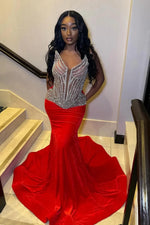 Modern Red V-Neck Sleeveless Prom Dress Mermaid Long With Beadings