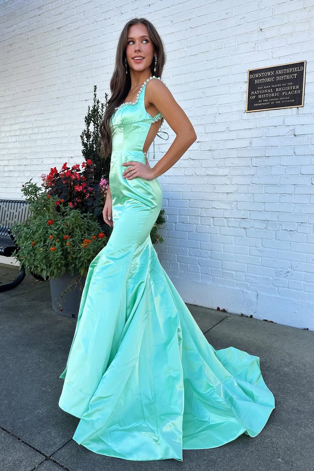 Mermaid Square Neck Mint Satin Long Prom Dress with Beading