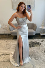 Charming Mermaid Sweetheart Silver Satin Prom Dress with Beading
