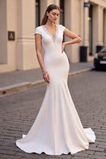 V-Neck Cap Sleeves Satin Mermaid Wedding Dress Lace With Open Back