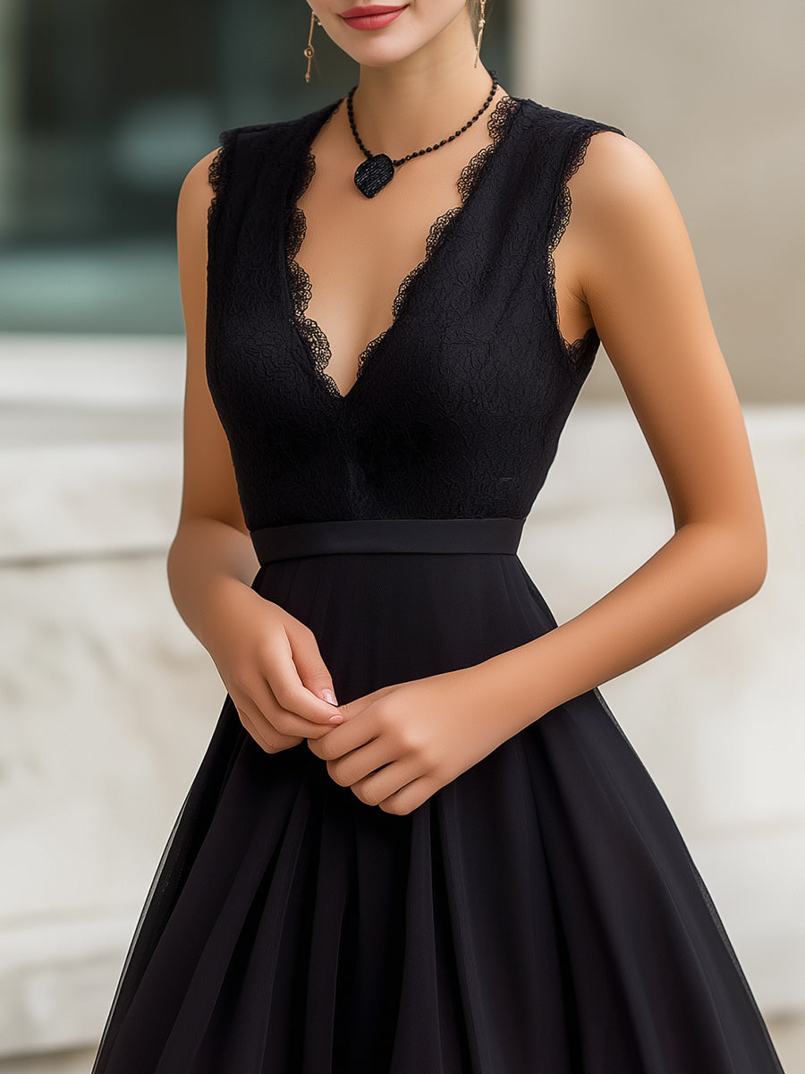 Scalloped Lace V-Neck Sleeveless Fit-and-Flare Mini Dress