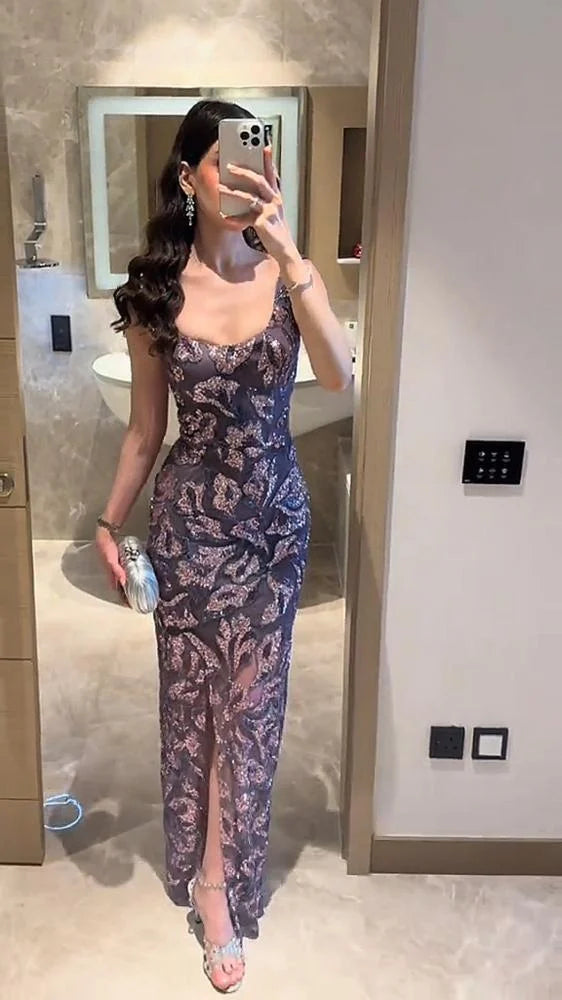 Sexy Square Neck Sleeveless Beaded Sequins Sparkle Mermaid Evening Dress