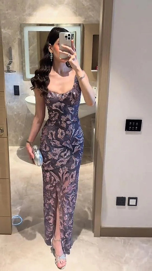 Sexy Square Neck Sleeveless Beaded Sequins Sparkle Mermaid Evening Dress