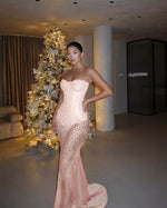 Hidais Red Tulle Strapless Sleeveless Long Mermaid Prom Dress With Sequins And Corset