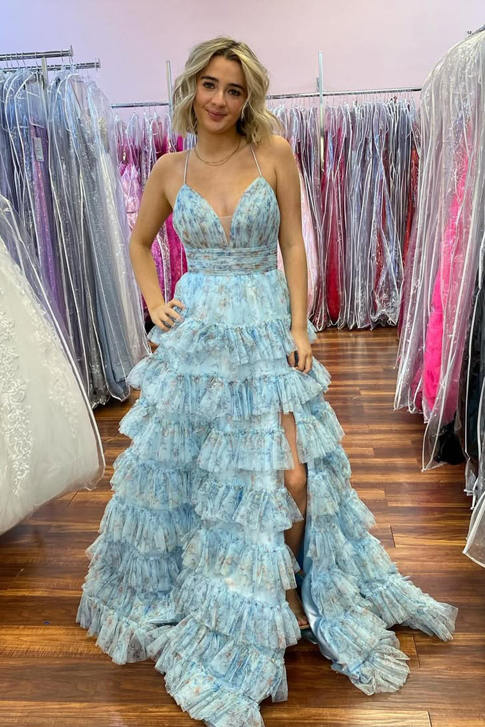 Fairy A Line V Neck Floral Printed Tiered Tulle Prom Dress with Slit