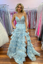 Fairy A Line V Neck Floral Printed Tiered Tulle Prom Dress with Slit