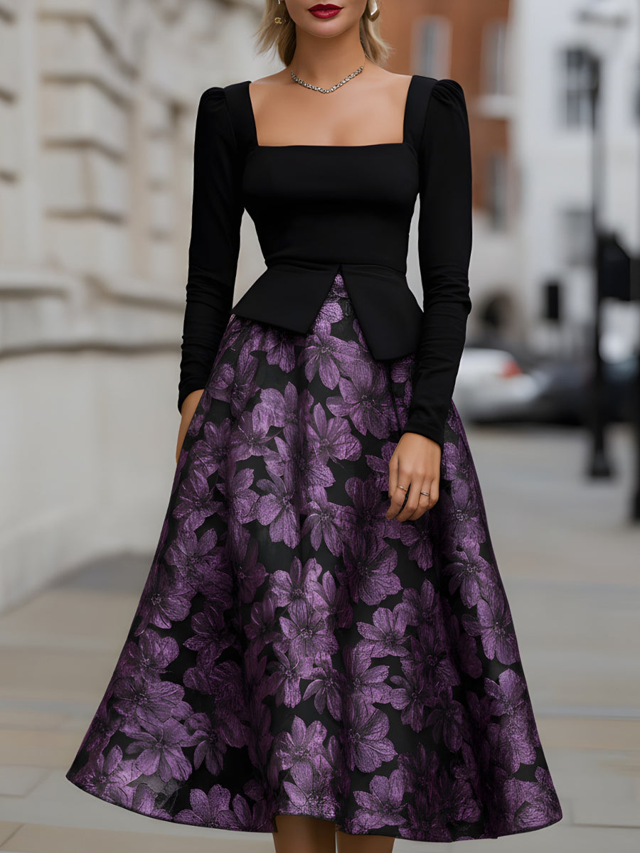 Floral Jacquard Peplum Bodice Midi Evening Dress
