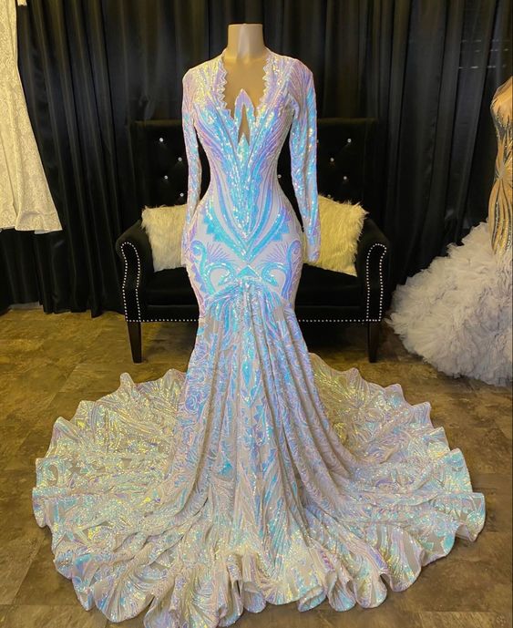 Long Sleeves Prom Dress Mermaid Sequins On Sale