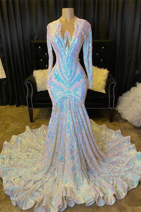 Long Sleeves Prom Dress Mermaid Sequins On Sale