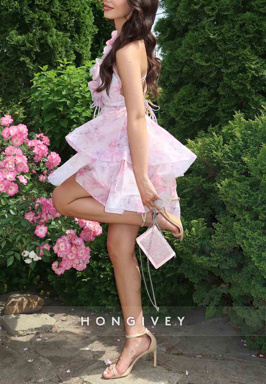 Chic Low V-Neck Shoulder Flower A-Line Floral Print Tie Back Short Homecoming Dresses
