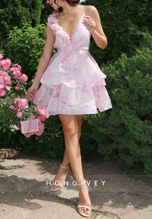 Chic Low V-Neck Shoulder Flower A-Line Floral Print Tie Back Short Homecoming Dresses