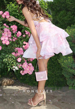 Chic Low V-Neck Shoulder Flower A-Line Floral Print Tie Back Short Homecoming Dresses